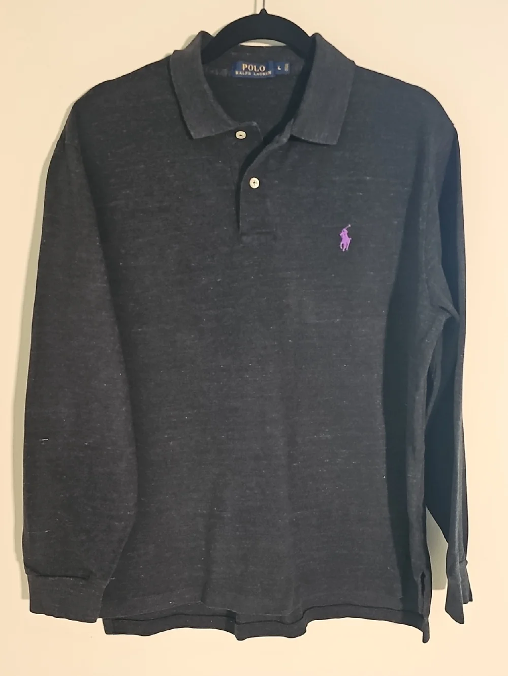 Polo Ralph Lauren‎ Long Sleeve Polo Mens Size L Charcoal Grey Purple Pony Cotton